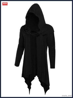 Men's Long Hooded Cardigan Ruffle Shawl Collar Open Front Drape Cape